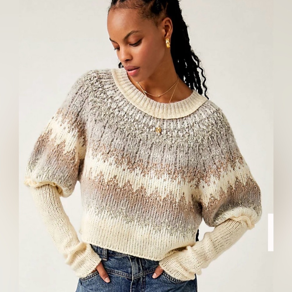 Free People Home for the Holidays Sweater Cream and Brown Wool Blend